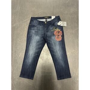 South Pole DK Kitten Blue Roses And Gold Striped Denim Blue Jeans Women's 18 NWT